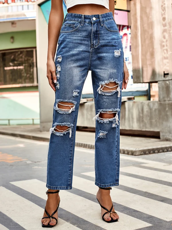 All-match washed ripped straight-leg denim cropped pants Flusfy
