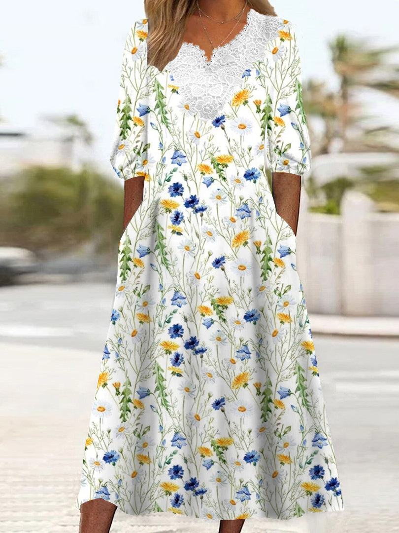 Women's 3/4 Sleeve V-neck Floral Printed Lace Stitching Midi Dress