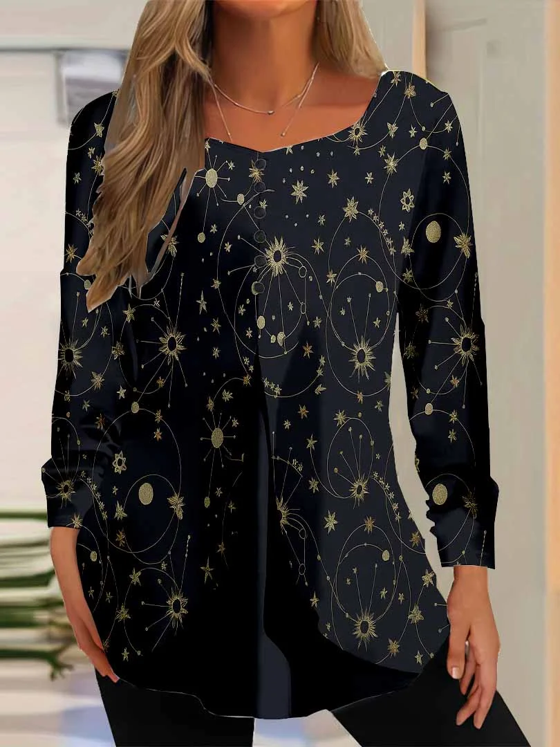 Women Graphic,Blue DZGG8267 Long Sleeve Scoop Neck Printed Graphic Button Fake 2in1 Tops