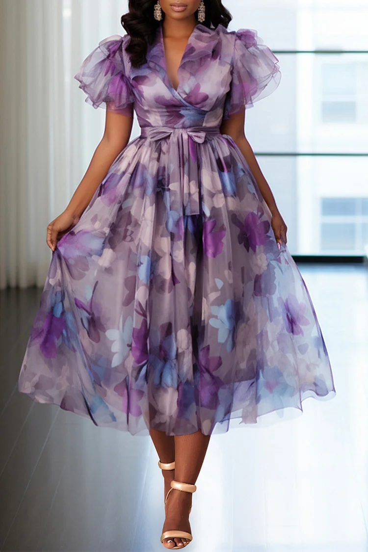 Xpluswear Design Plus Size Wedding Guest Purple Elegant Floral V Neck Short Sleeve Wrap Midi Dresses [Pre-Order]