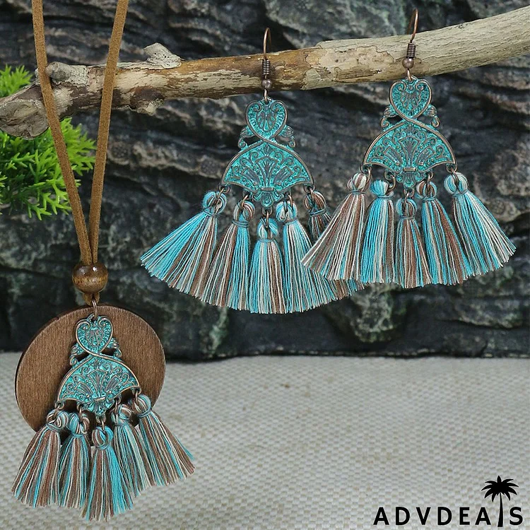 Women Fashion Bohemian Beach Style Shell Hollow Drop Tassel Earrings Necklace Jewelry Set