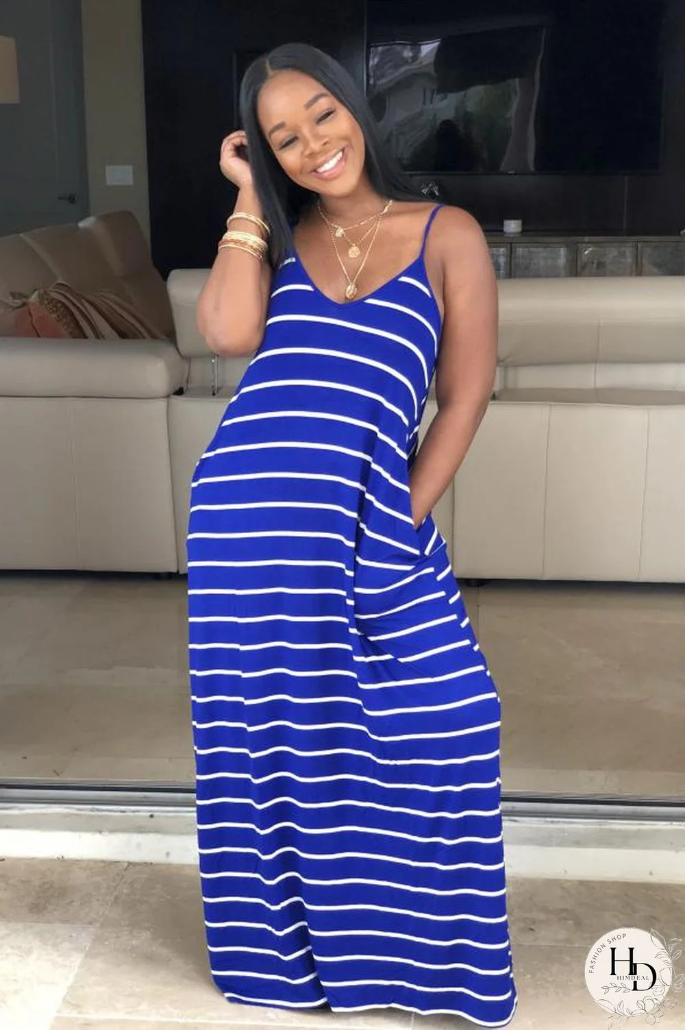 Blue Polyester Sexy Fashion Spaghetti Strap Sleeveless Slip Step Skirt Ankle-Length Striped Solid Casual
