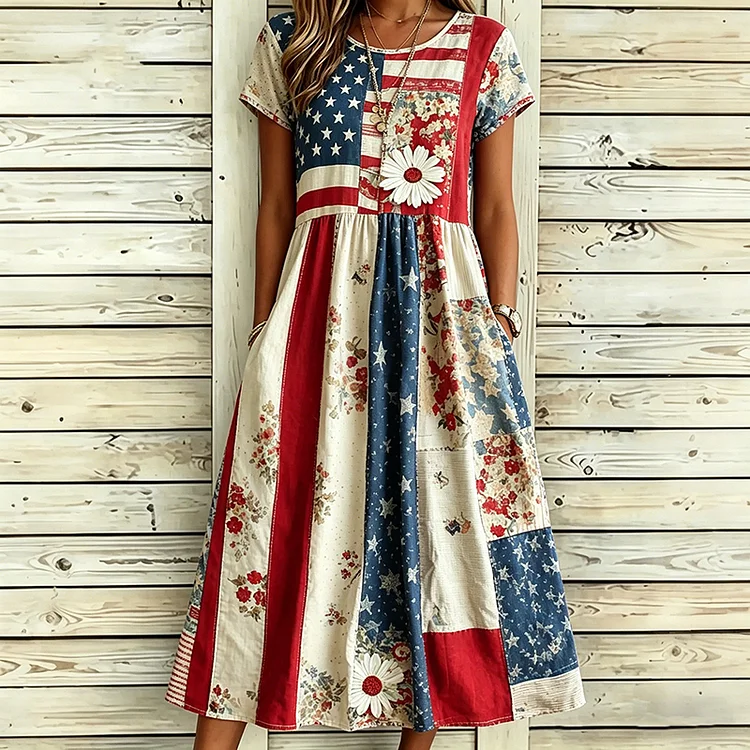 Women's Vintage Independence Day Flag Floral Print Casual Linen Blend Maxi Dress