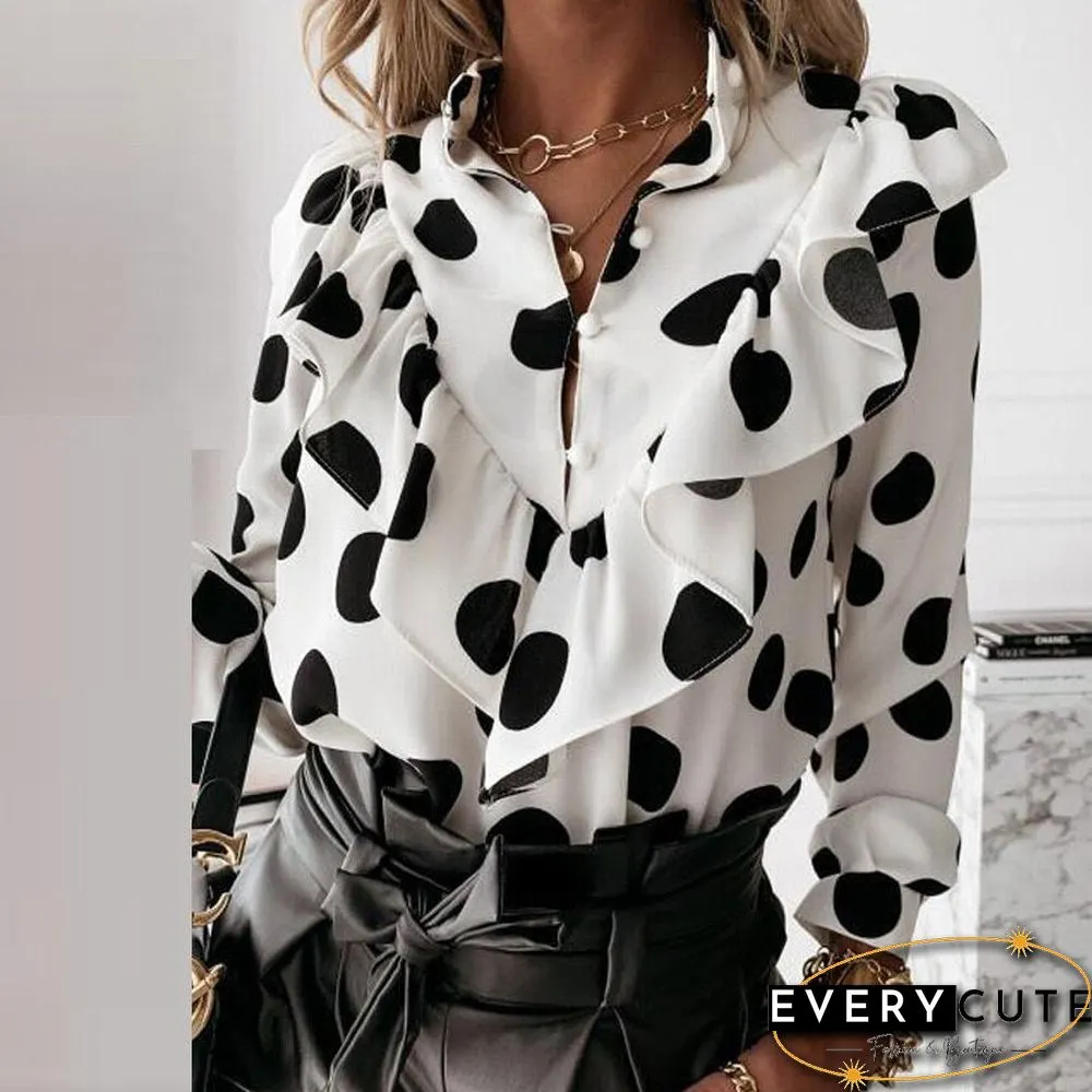 Elegant Print Ruffle Buttons Shirt Blouse Women Neck Pullover Tops Blusa Spring Autumn
