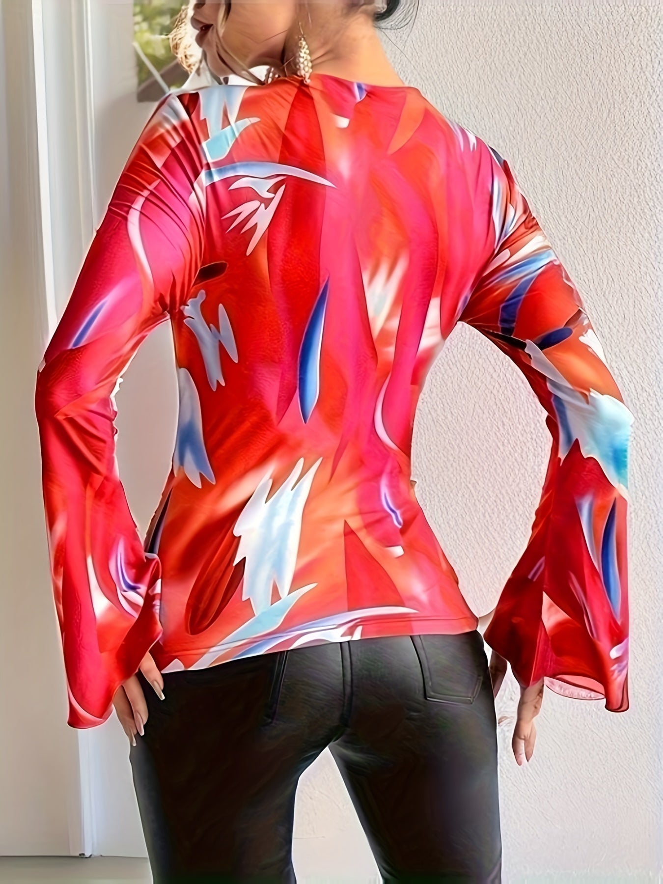Allover Print Ruched T-Shirt, Casual Long Sleeve Top For Spring & Fall, Women's Clothing