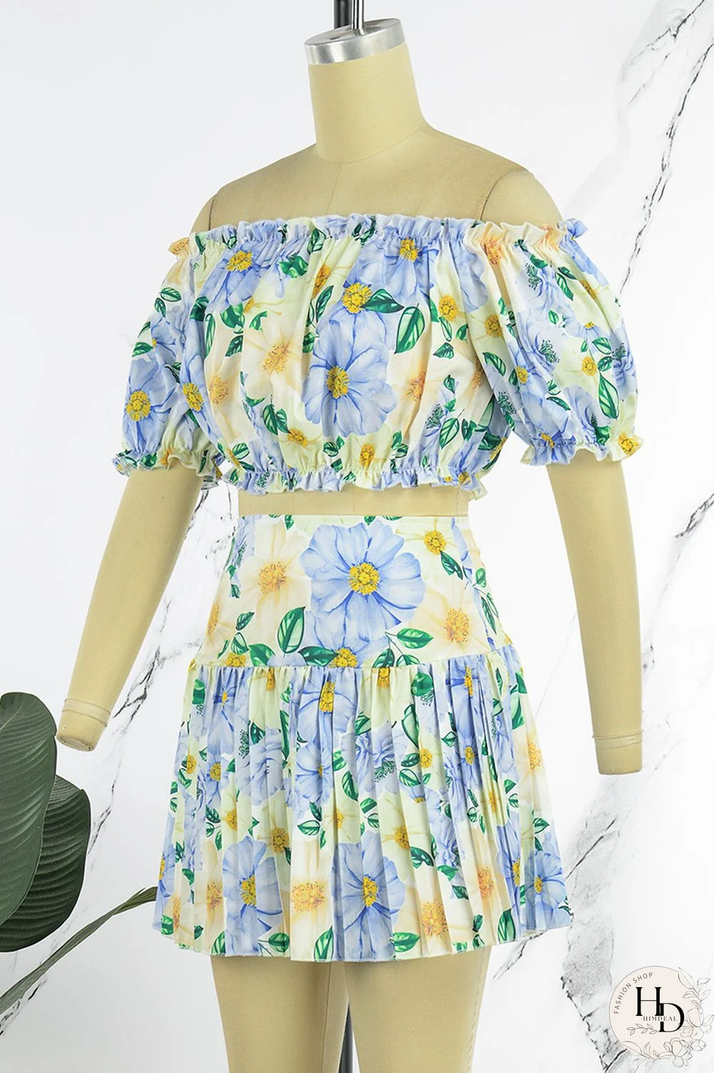 Tangerine Red Sexy Print Patchwork Off the Shoulder Short Sleeve Two Pieces