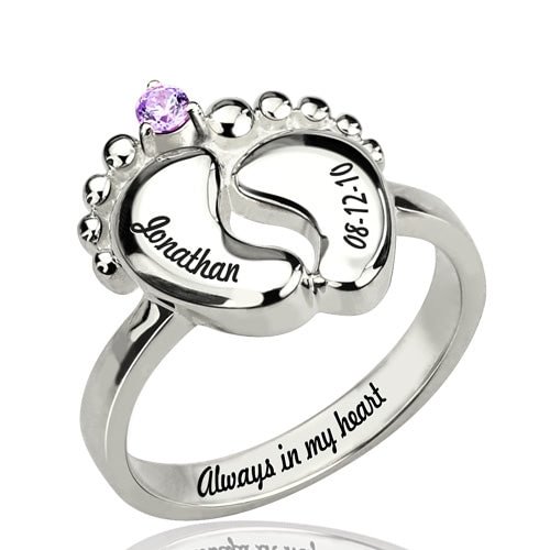 Engraved Baby Feet Ring with Birthstone Plated