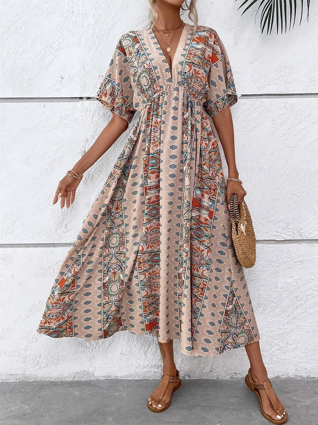 Style & Comfort for Mature Women Women's Short Sleeve V-neck Graphic Printed Midi Dress