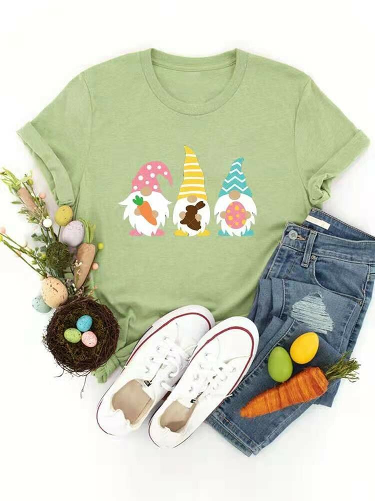 Easter Cartoon Print O neck Short Sleeve Casual T Shirt For Women P1820073