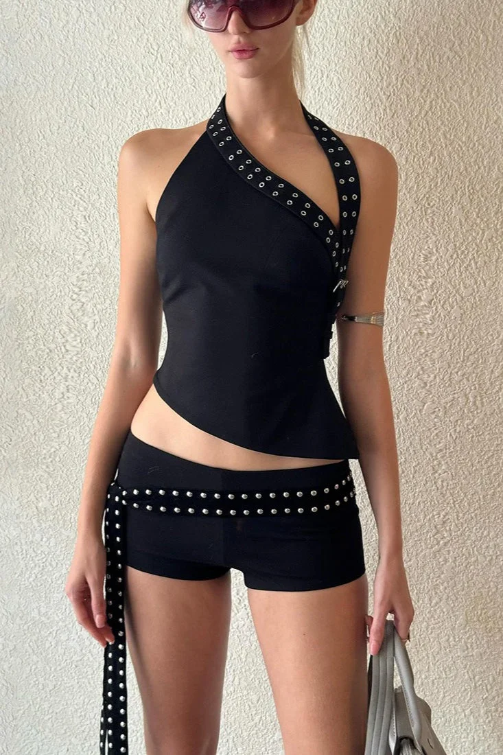 Chic Asymmetric Shoulder Slim Shorts Two Piece Set