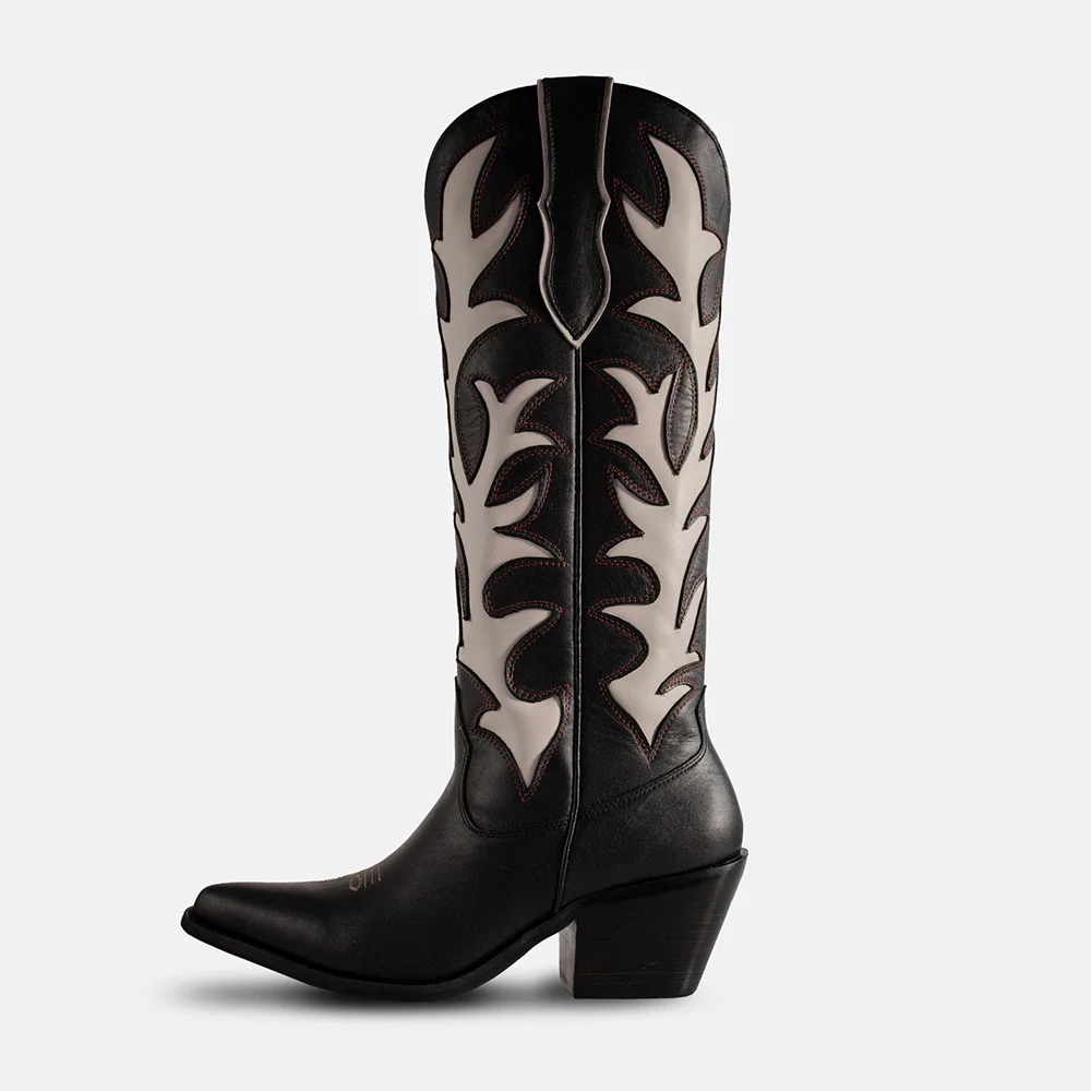 Black Embroidered Leaf Inlay Patchwork Mid Calf Cowgirl Boots