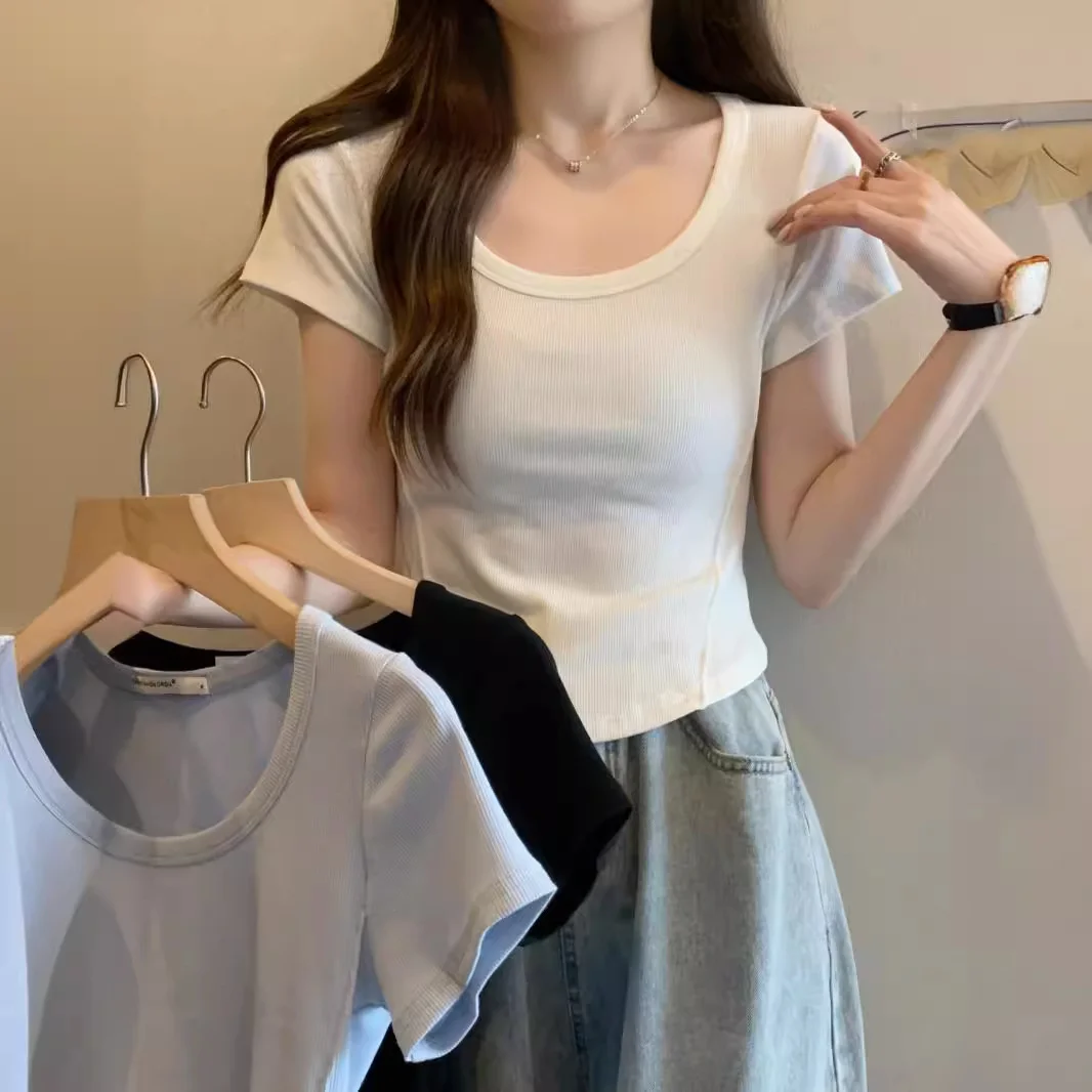 Uveng Uveng U Collar Short-Sleeved T-Shirt Women 2023 Summer New Korean Version Slim High Waist Short Style Students Pure Color Jacket Tide