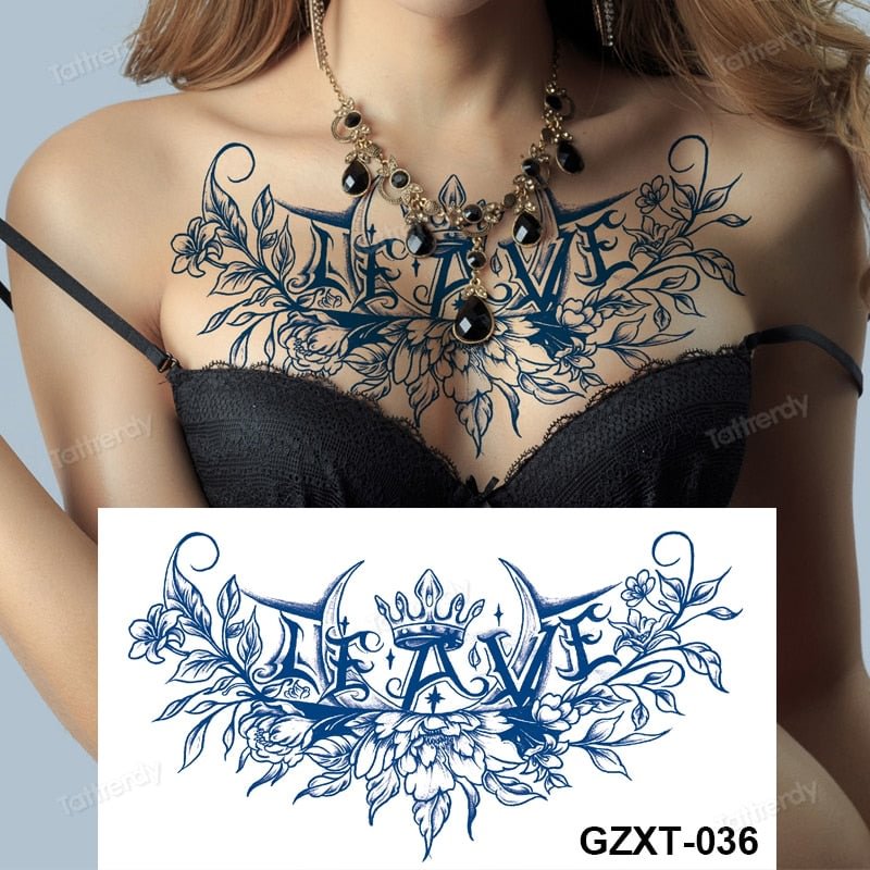 sexy sternum temporary tattoos large body art painting juice tattoo natural ink long lasting 7-15 days flower wings tattoo adult