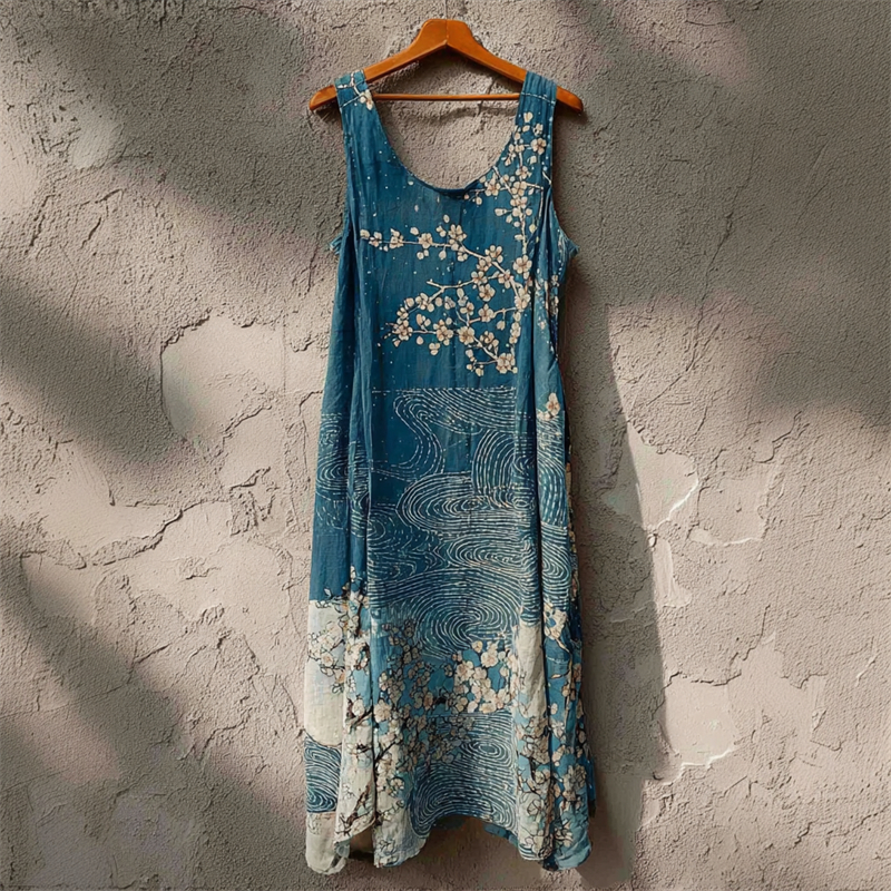 Almond Blossom Sea Waves Japanese Art Linen Tank Dress wearshes