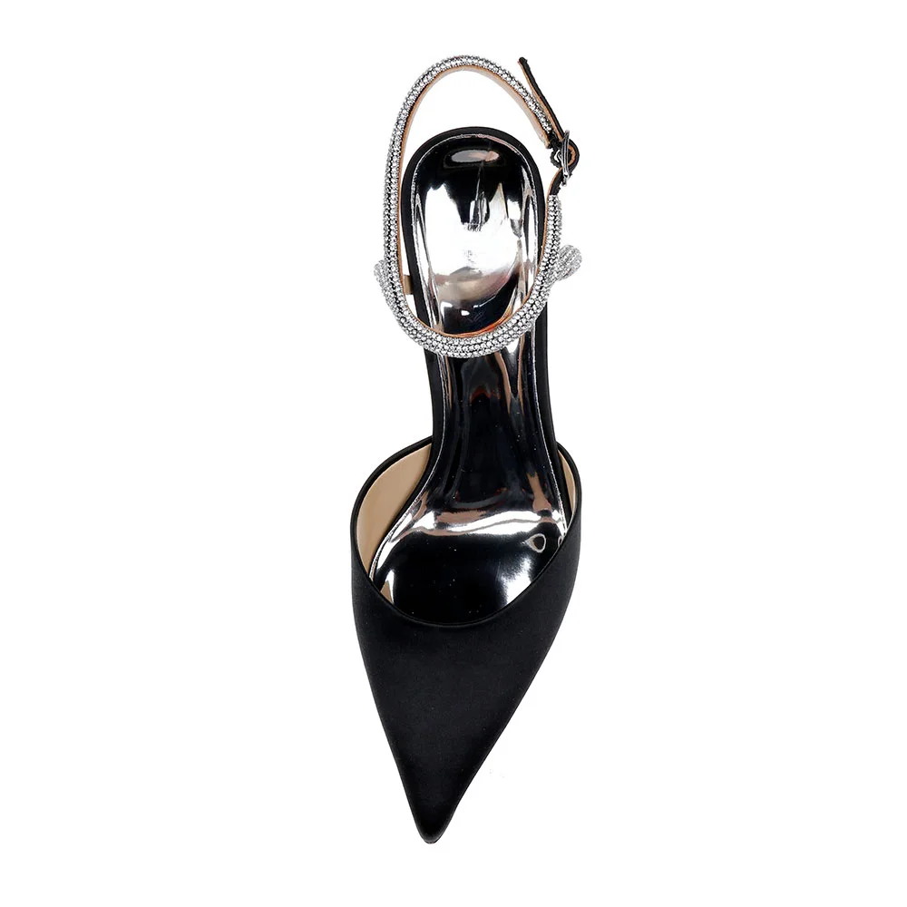 Pointed Toe Stiletto Heel Ankle Strap Black Pumps with Rhinestone