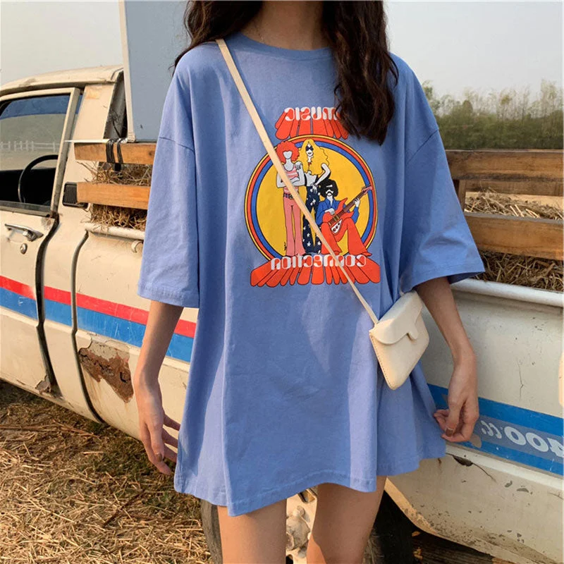 Summer T-shirts Half Sleeve Tees Women Long Style Korean Style Casual O-neck Printed Fashion Loose Oversize Breathable Ulzzang