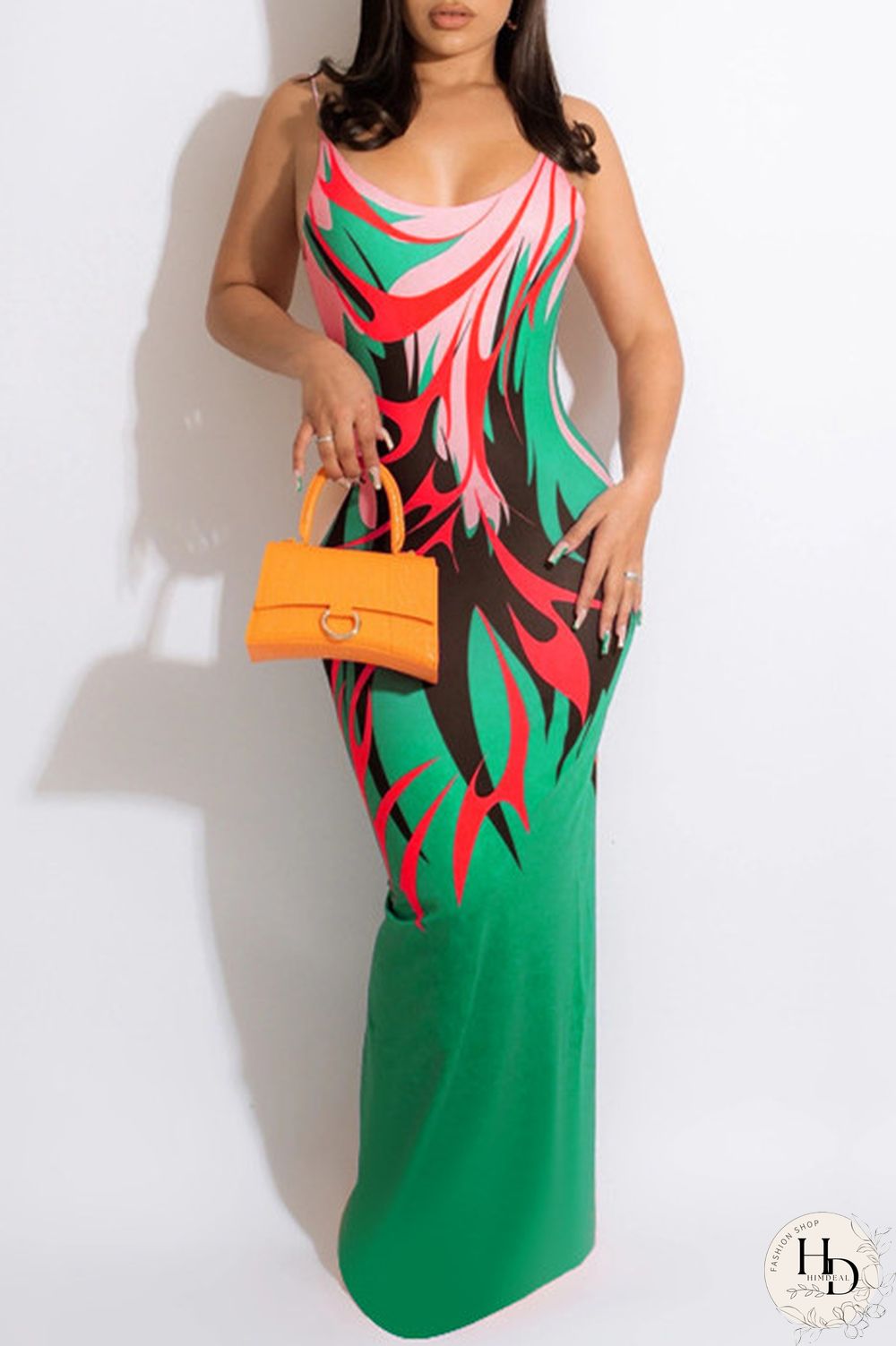 Ginger Fashion Sexy Print Backless Spaghetti Strap Long Dress