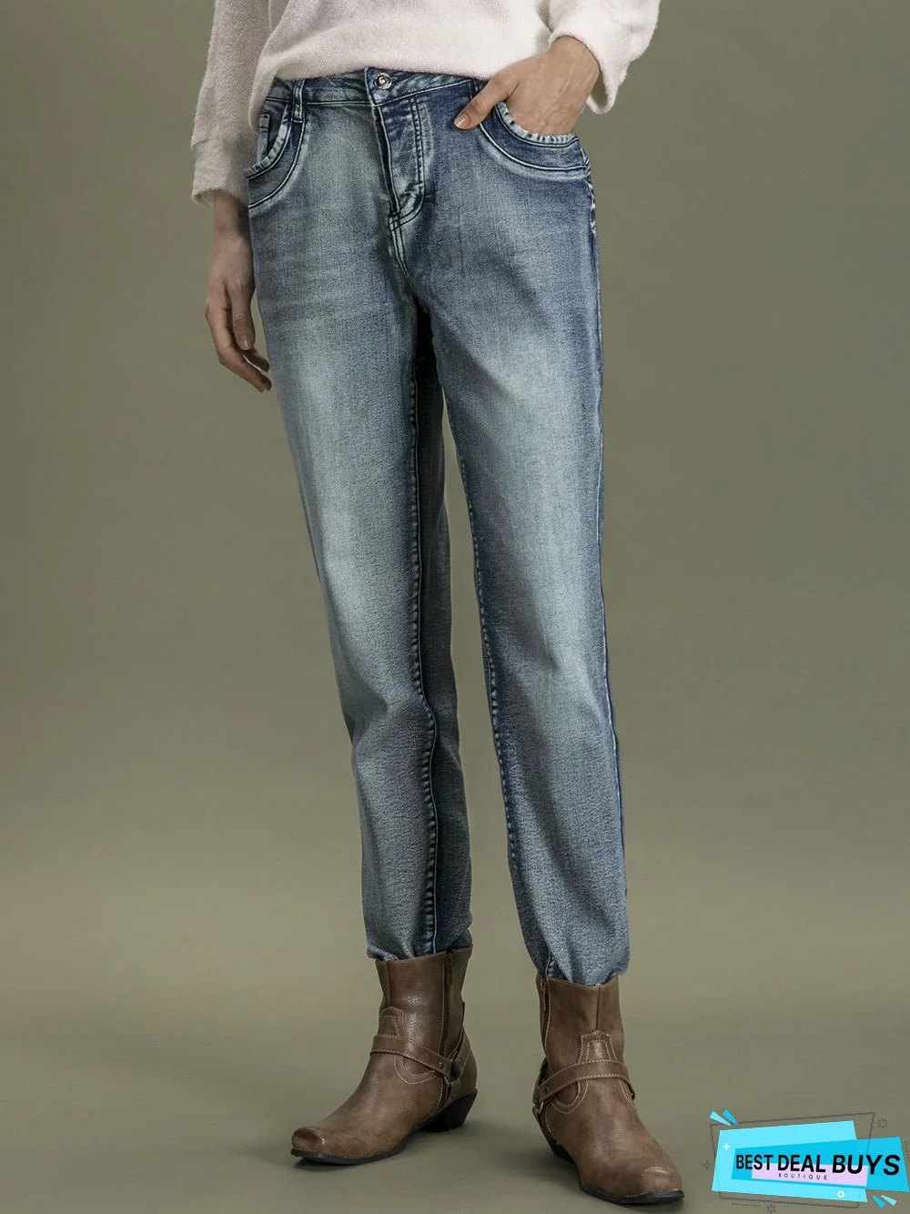 Blue Denim Simple Solid Pockets Jeans