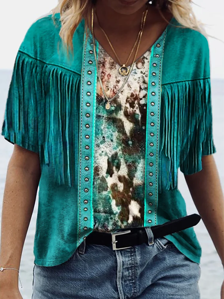 Turquoise Cowhide Patchwork Leather Art V Neck T Shirt