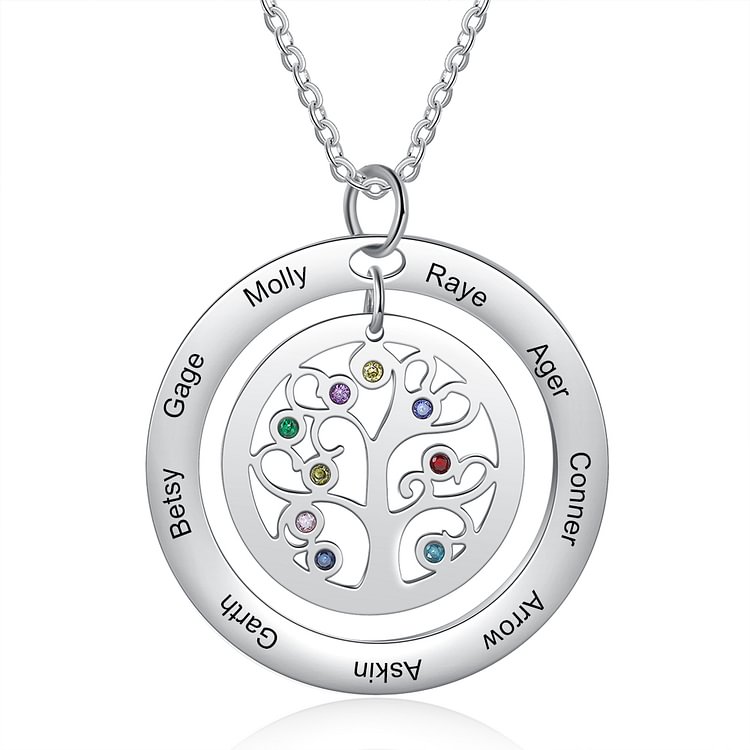 Collar con colgante de árbol de la vida Árbol genealógico 9 nombres con 9 piedras de nacimiento
