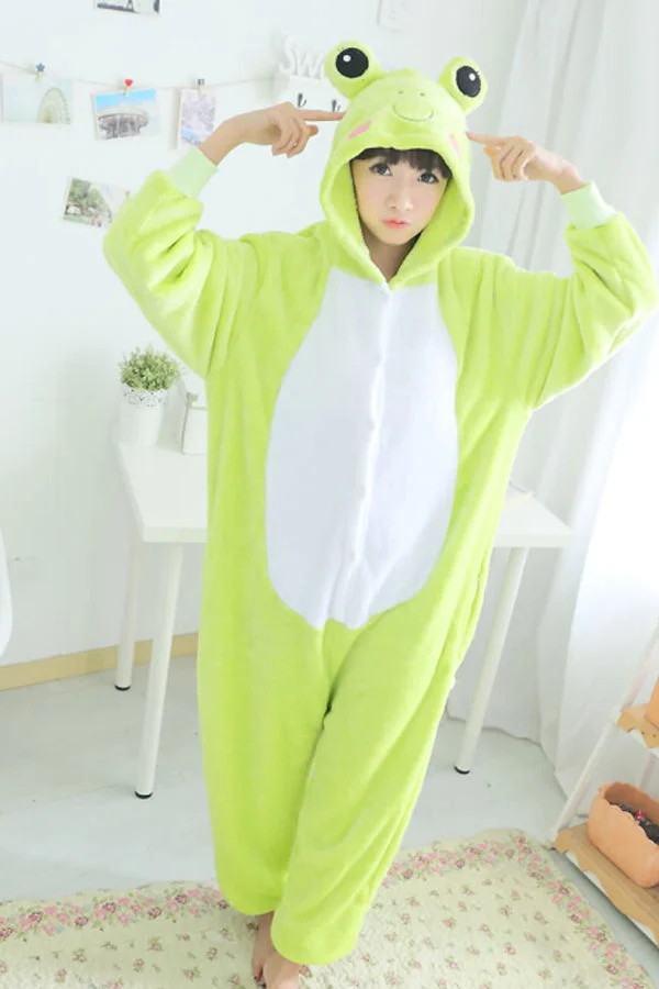 Green Cute Ladies Flannel Pajamas Comfortable Frog Jumpsuit Costume-elleschic