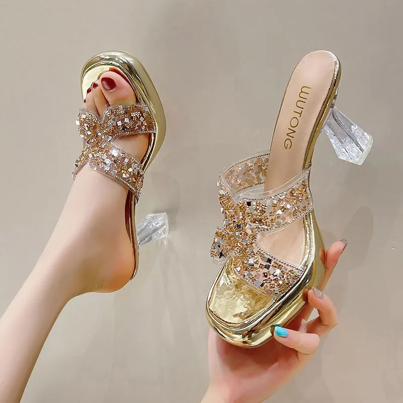 Breakj Breakj Korea's Small Thick-Bottomed One-Word Drag Woman Wearing Transparent Cool Slippers In The Summer Of 2025 Thick Heel High Heels