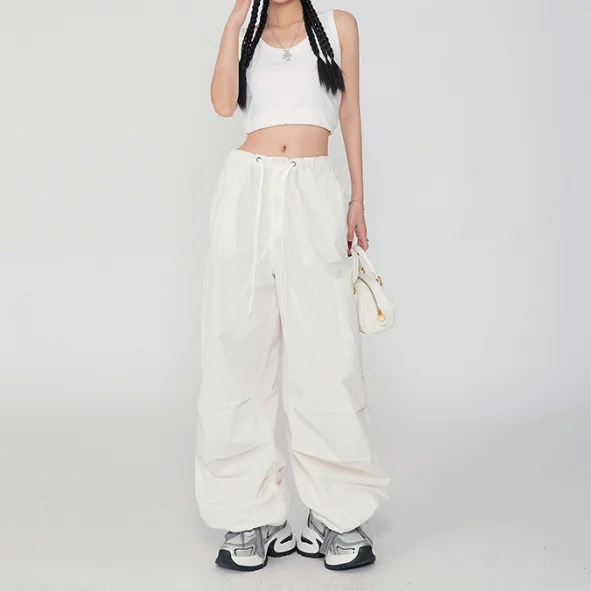Lvpinyuan Female High Street Casual Overalls Solid Loose Wide Leg  American Retro Women's Pants 2000's Oversized Pants Y2k Sports Pants