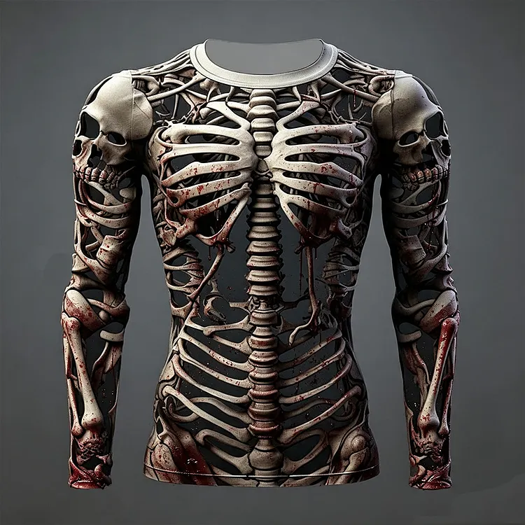 Halloween Skull And Bloodstain Art Print Crewneck Long Sleeve Casual T-shirt