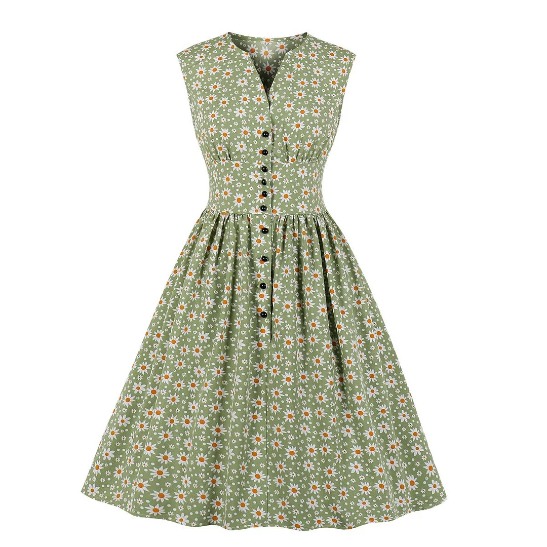 Summer Cute Little Daisy Fresh Retro Floral Sleeveless Dress Big Swing Dress