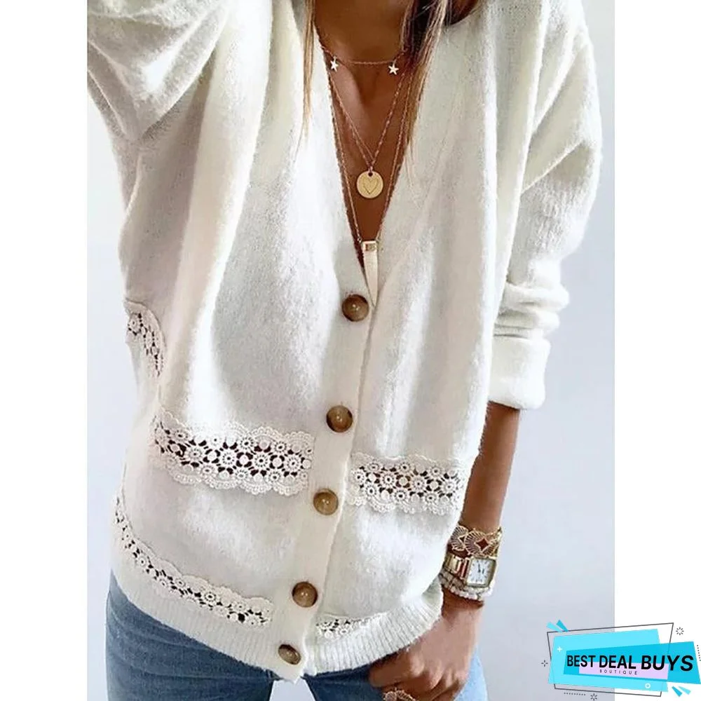 Women Buttoned Paneled V-Neck Casual Sweaters