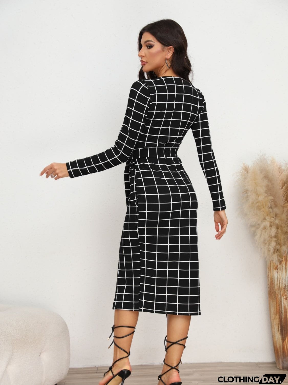 Plaid Long Sleeve Slit Dress