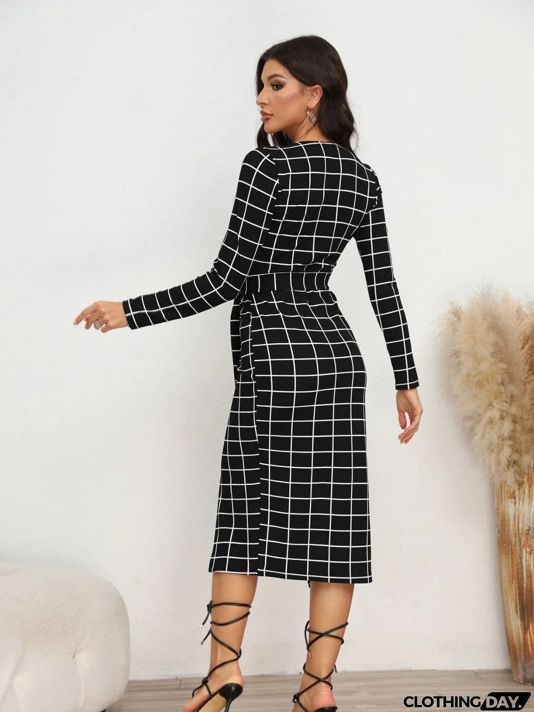 Plaid Long Sleeve Slit Dress