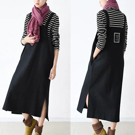 winter woolen black striped dresses long causal winter dress