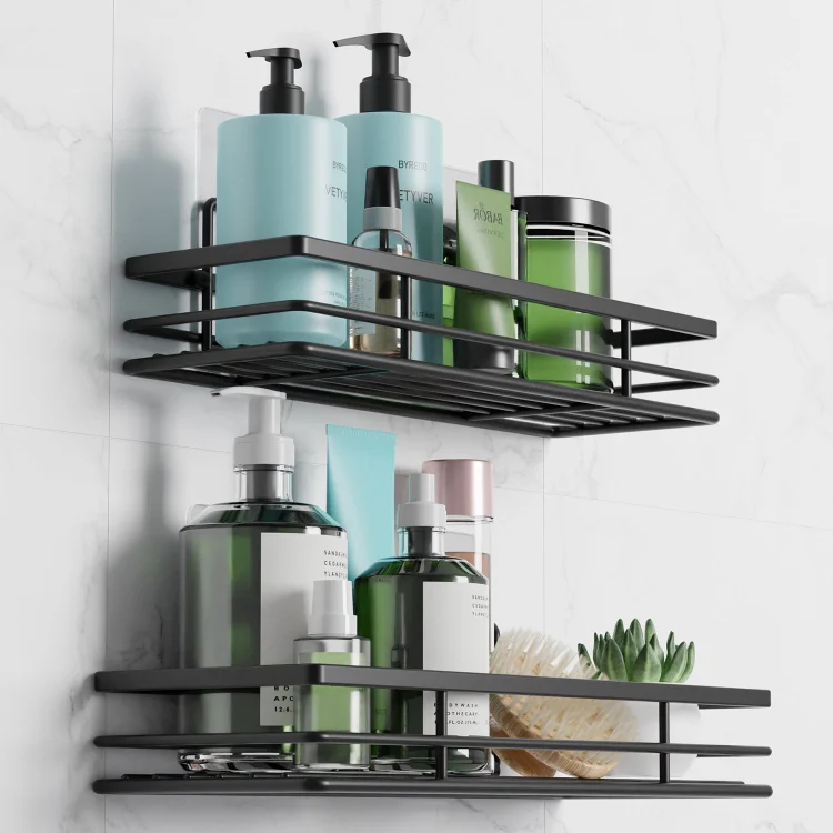 Niffgaff 2 Pack Shower Caddies Bathroom Organizer Bathroom Shelves Shower Basket No Drilling Wall Mounted Shower Rack with Self-Adhesive Black Stainless Steel Rustproof