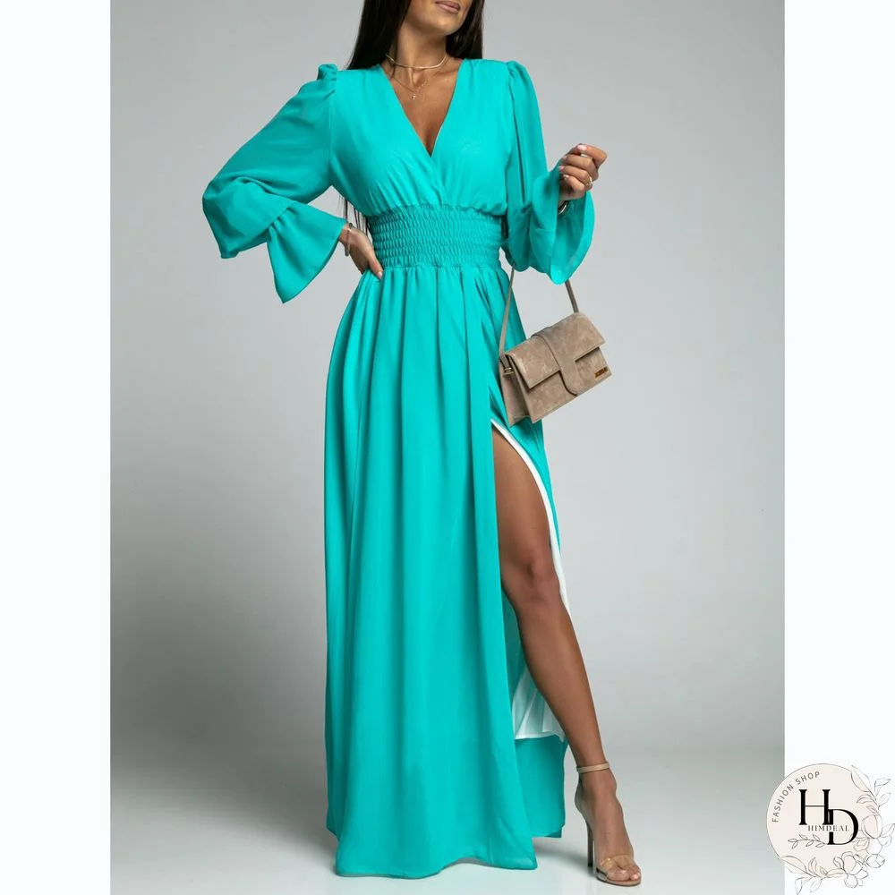 Elegant Hem Slit Dress Women Summer Dresses New Sweet Women V-Neck Elastic High Waist Full Petal Sleeve Maxi Dress