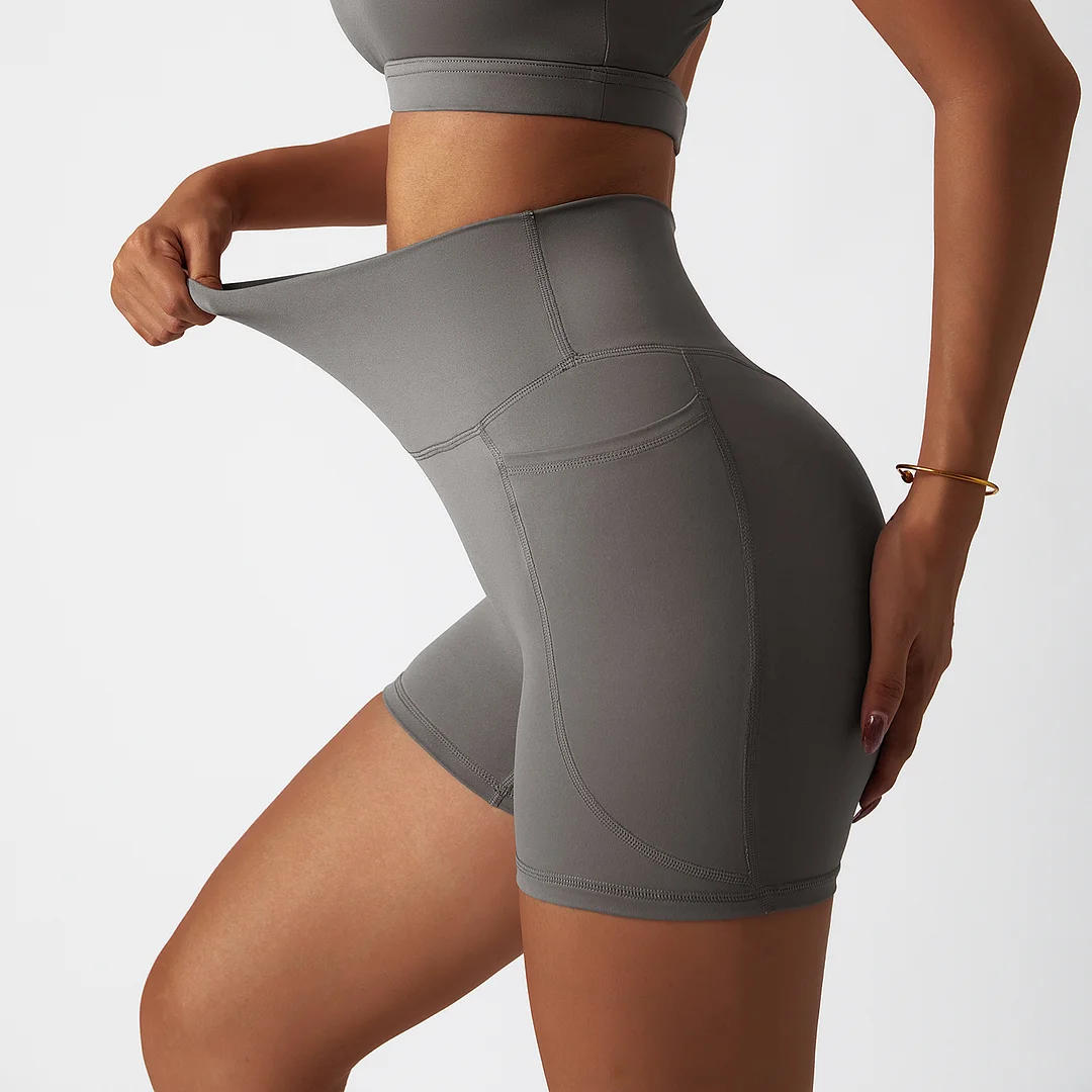 Hergymclothing high Gray rise no camel toe squat proof tummy control comfort lightweight buttery soft thin opaque fitness gym shorts online shopping