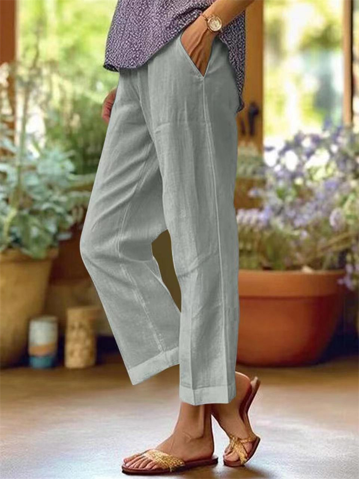 Women's Cotton Linen Loose Solid Color Elastic Waist Straight Casual Pants Plus Size Nine Pants-JRSEE