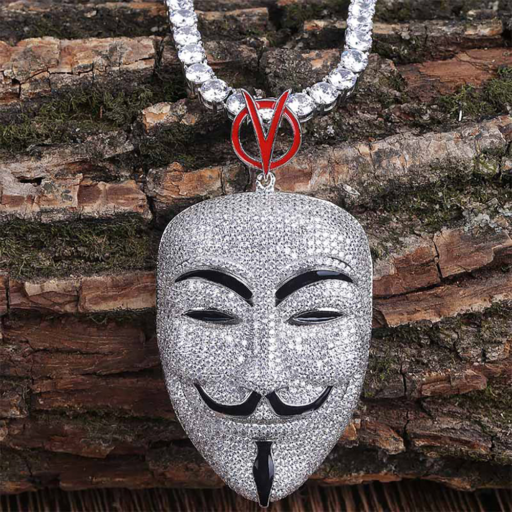 V for Vendetta-Style Mask Iced Out Bling CZ Stone Pendants