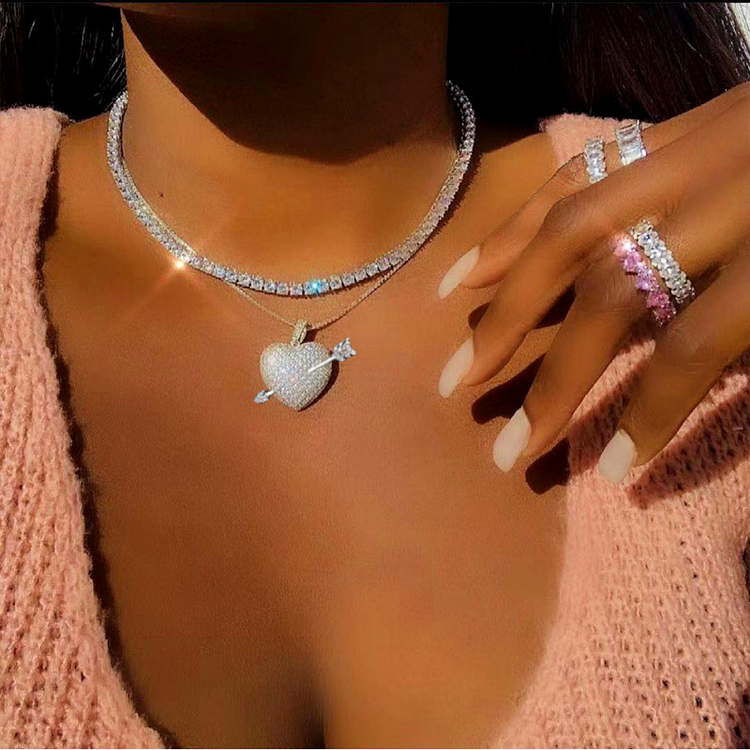 3MM/4MM Full Rhinestone Multilayer Heart Pendant Tennis Necklace