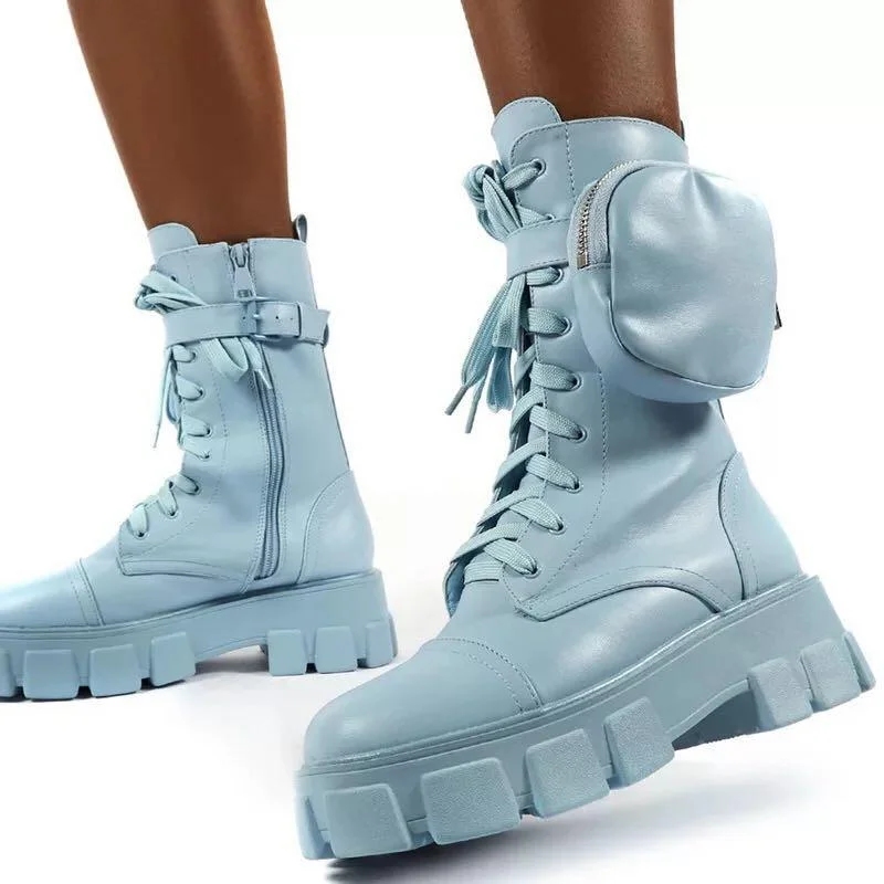 2020 Autumn Winter Bootie Pocket Buckle Strap Pink Chunky Boots Leather Patchwork Arrival Platform Boots Mid-calf Cross-tied