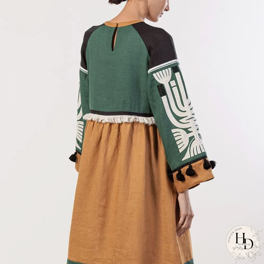 Color Block Printed Fringe Decorated Vacation Dress