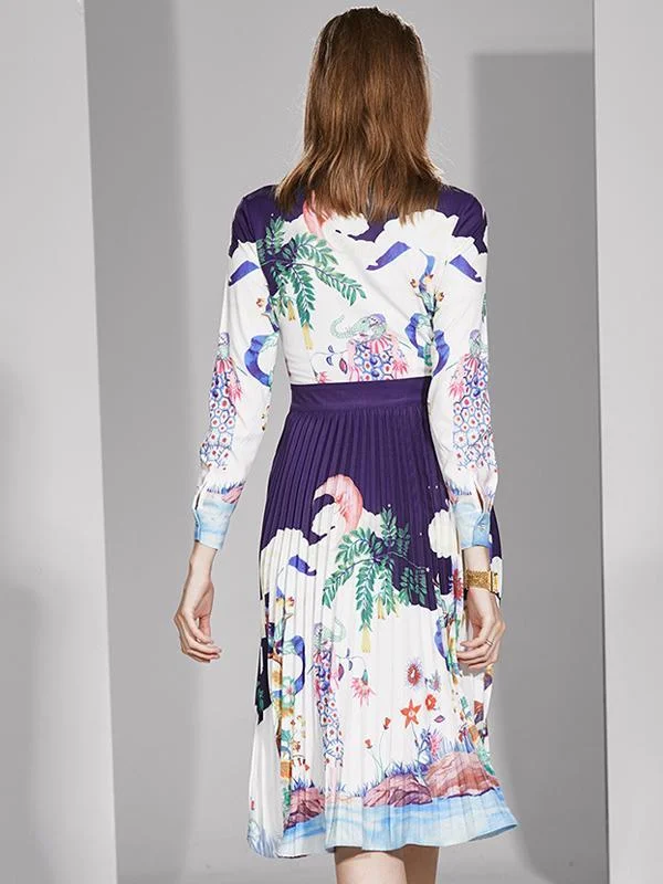 Elegant dress women pleated print lapel long sleeves
