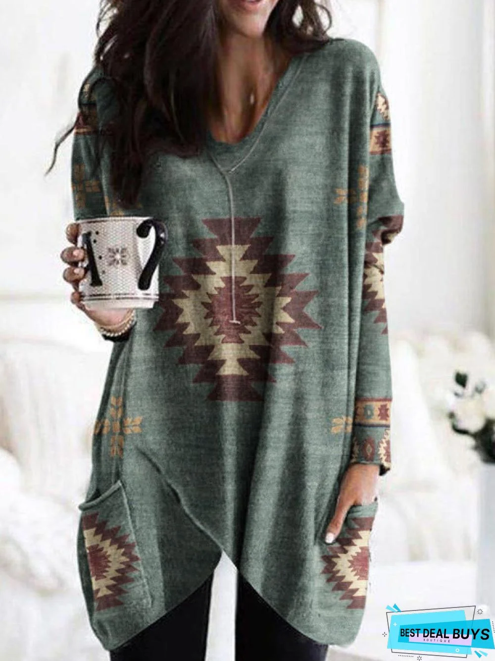 V-Neck Casual Loose Geometric Print Long Sleeve T-Shirt