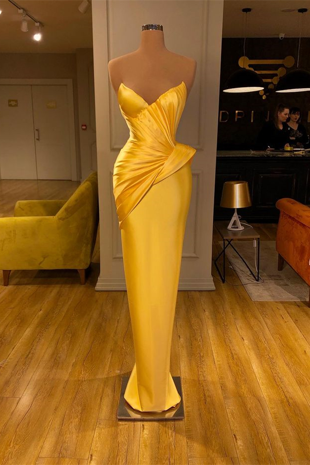 Bellasprom Yellow Mermaid Prom Dress Long Sleeveless Pleated Sweetheart Bellasprom