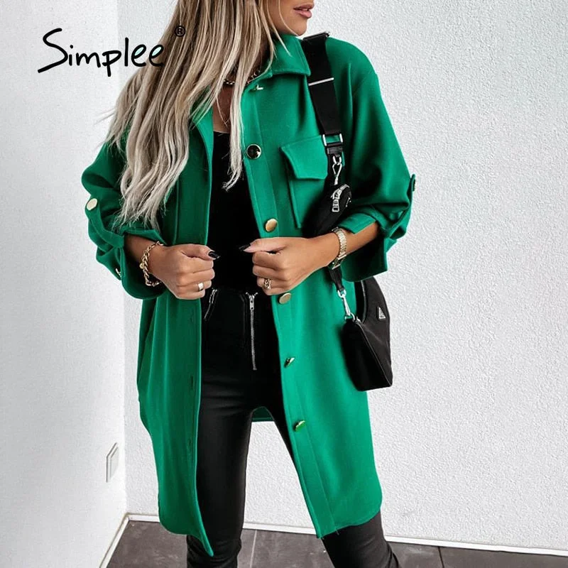 Simplee Office loose  lapel pocket women's jacket green Casual ladies autumn winter long coats  Minimalist split apricot outwear
