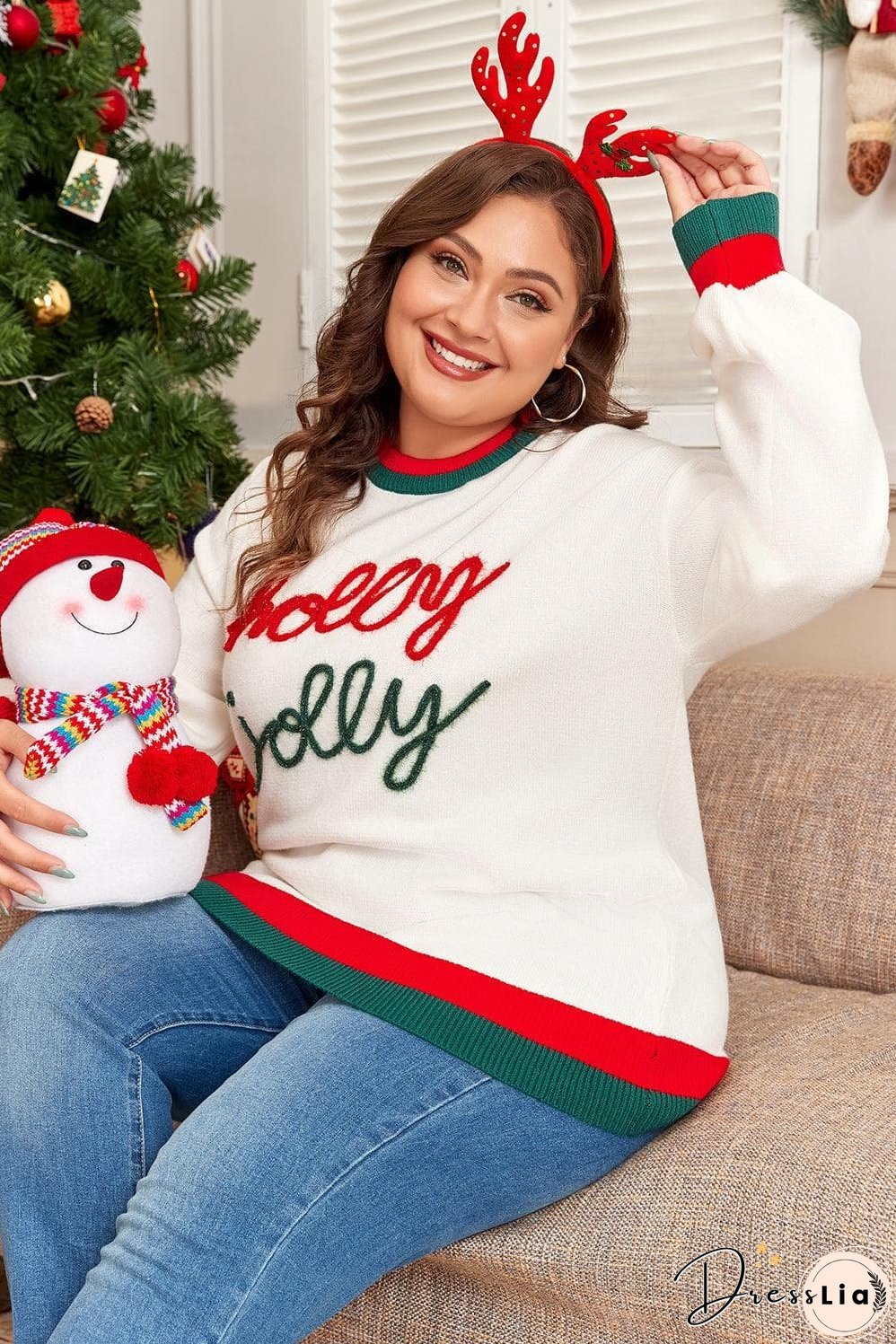 White Tinsel holly jolly Pattern Colorblock Edge Drop Shoulder Plus Size Sweater