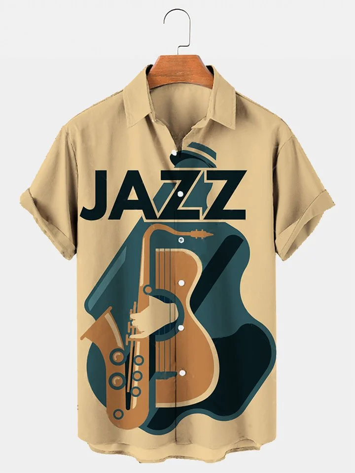 Men's Vintage Jazz Art Instrument Print Short Sleeve Hawaiian Shirt