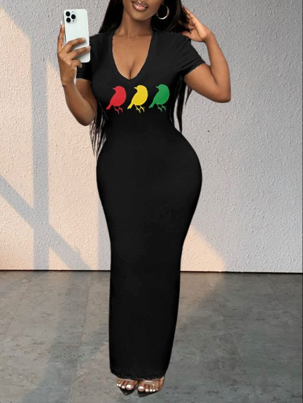 Colorful Bird Print Short Sleeve Bodycon Maxi Dress