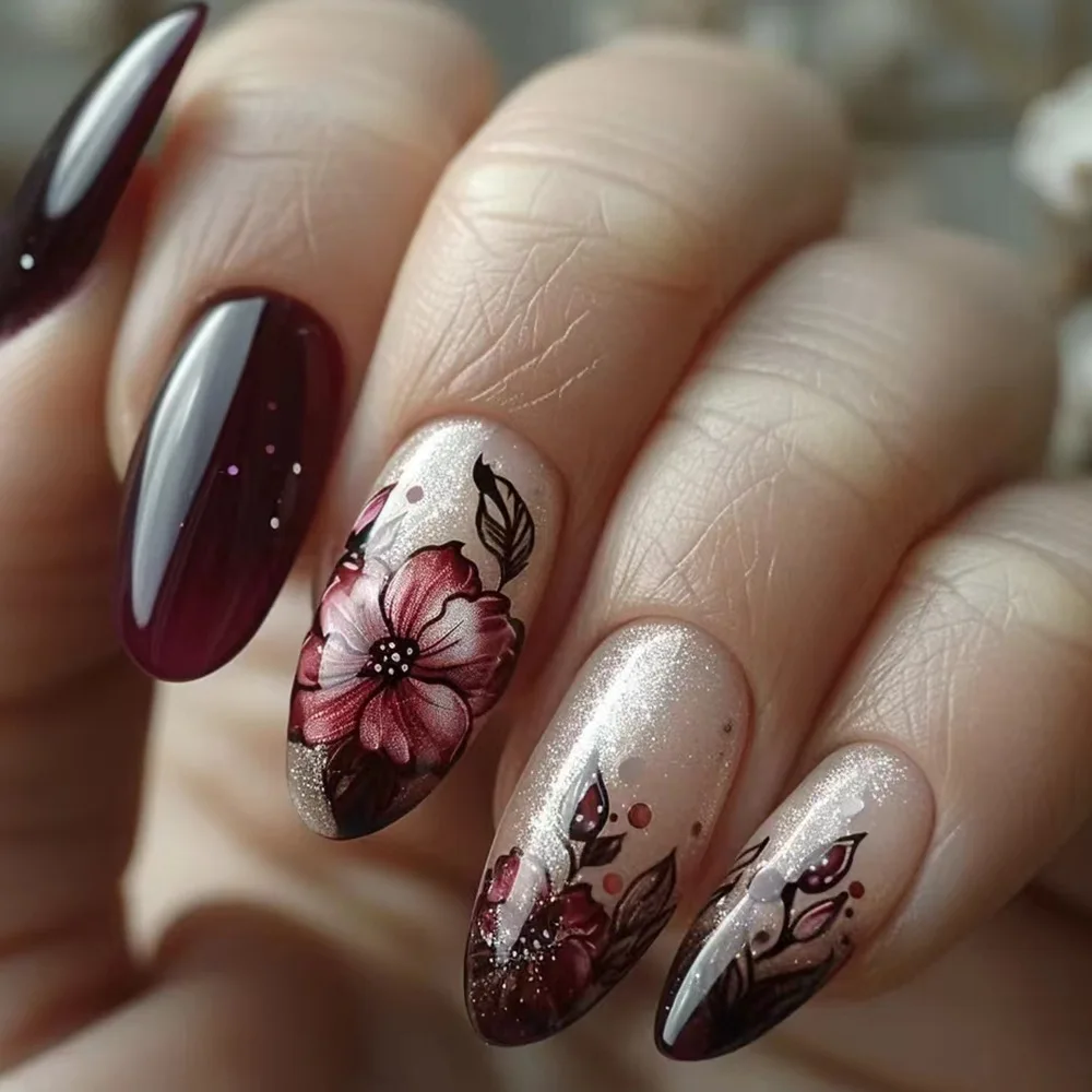 Lidudu French Press on Fake Nails with Flowers Designs Summer Blue Short Almond False Nails Wearable French Full Cover Press on Nails