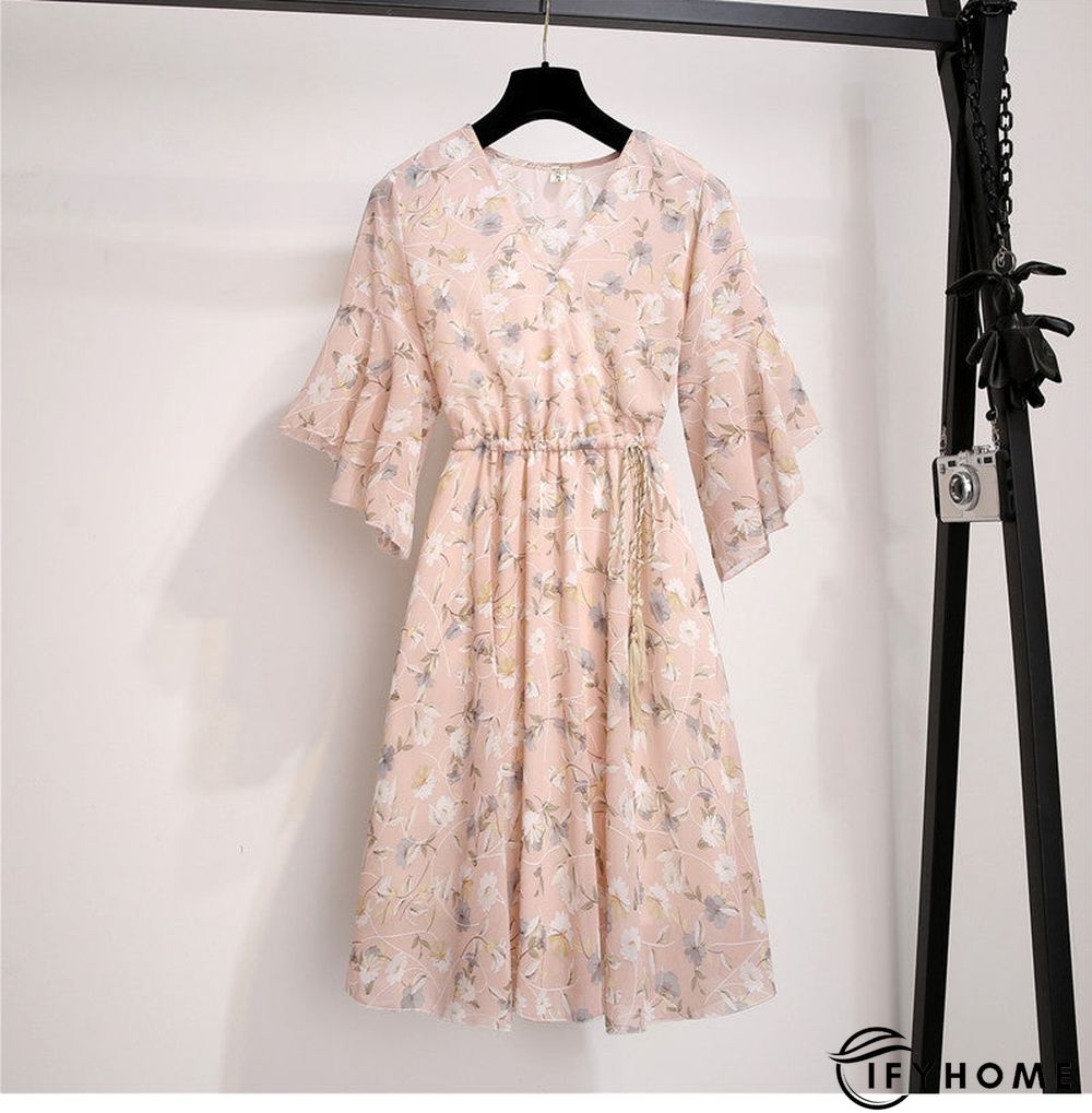 Spring Summer Chiffon Women V-Neck Floral Print Short Dresses Sweet Ruffle Sleeeve Slim Drawstring Ladies Dress | IFYHOME